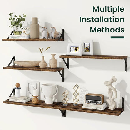 Floating Shelves, 8 Inch Deep Rustic Wood Wall Storage, 48W x 8D Wall Shelves Set of 2, Heavy Duty Metal Brackets, Industrial Book Shelf for Living Room, Kitchen, Bathroom, Bedroom, Brown