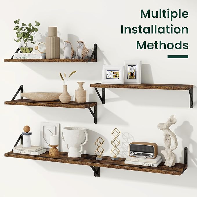 Floating Shelves, 8 Inch Deep Rustic Wood Wall Storage, 36W x 8D Wall Shelves Set of 2, Heavy Duty Metal Brackets, Industrial Book Shelf for Living Room, Kitchen, Bathroom, Bedroom, Brown