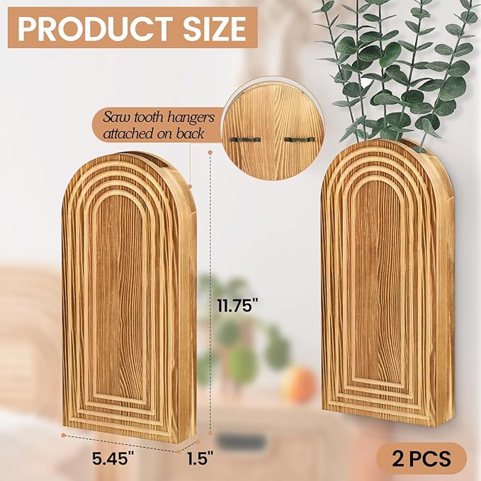 2 Pack Wall Decor Wood Wall Planters for Indoor Plants, Modern Wall Planter for Bathroom, Living Room, Kitchen Decor, Farmhouse Wood Vase for Decor Dried Flowers and Faux Greenery (Rustic Brown)
