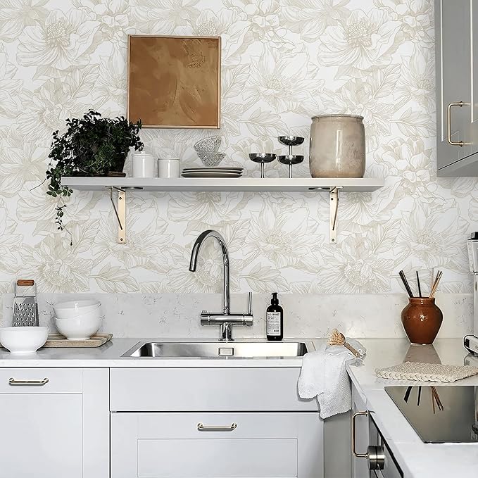Ismoon Large Floral Peel and Stick Wallpaper Boho Beige/Coffee Contact Paper 17.3inx16.4ft Modern Wall Paper Removable Self Adhesive Bedroom Cabinet Bathroom Waterproof Mural Wall Decor Vinyl Roll