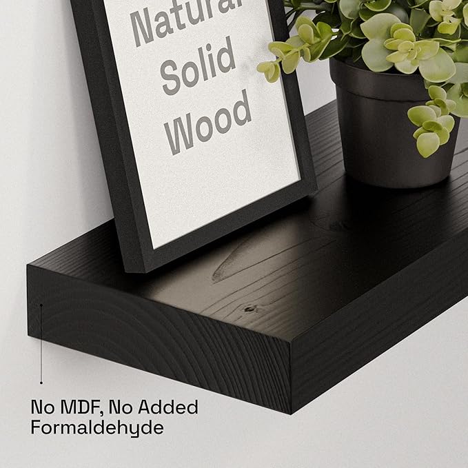 BAOBAB WORKSHOP Solid Wood Floating Shelves for Wall 30 Inches Long, Real Wooden Bathroom Shelf Large, Heavy Duty Wall Shelves Mounted Kitchen Bedroom, Black Shelf, 30W × 6.7D, Set of 2