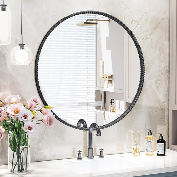 PROHOMEWARE Black Round Bathroom Mirrors, 24 inch Circle Wall Mounted Hanging Mirror for Entryway, Living Room, Hallway, Bathroom, Bedroom