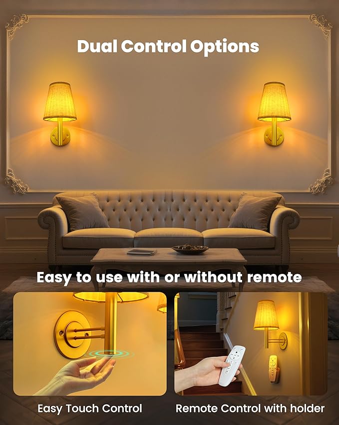 Battery Operated Wall Sconces Lights for Bedroom Set of 2, Wireless Rechargeable LED Wall Lamp with Remote & Touch Control, Wall Mount Lighting Fixture for Living Room, Satin Gold