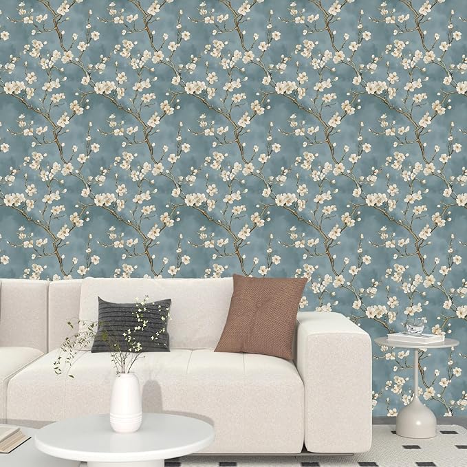 Vintage Floral Wallpaper Peel and Stick Blue White Flowers Contact Paper Vinyl Self Adhesive Removable Retro Cherry Blossom Wall Mural Wall Paper for Room Walls Shelve Cabinet Table Decor 17.5" x 393"
