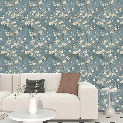 Vintage Floral Wallpaper Peel and Stick Blue White Flowers Contact Paper Vinyl Self Adhesive Removable Retro Cherry Blossom Wall Mural Wall Paper for Room Walls Shelve Cabinet Table Decor 17.5" x 393"