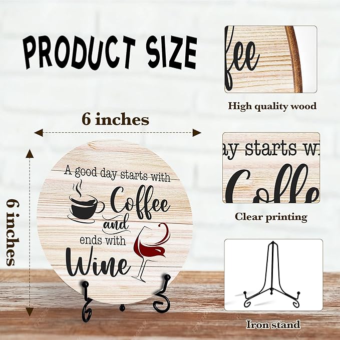 Coffee And Wine Desk Decor Sign, Rustic Funny Wooden Box Plaque, A Good Day Starts With Coffee And Ends With Wine Wood Sign, Decor For Home Kitchen Table Top, Wooden Round With Stand-23