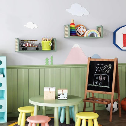 Green Rattan Shelf Set of 2, Cute Nursery Shelves Wall Mounted, Natural Hanging Bookshelf Storage, Boho Decorative Floating Shelves for Kids Room, Living Room, Play Room, Bedroom, Home Decor
