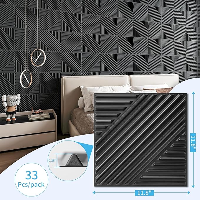 Art3d 33-Pack 3D Wall Panels for Interior Wall Decor, Textured Accent Wall Paneling for Living Room, Bedroom, TV Wall Background, 12"x12" Black