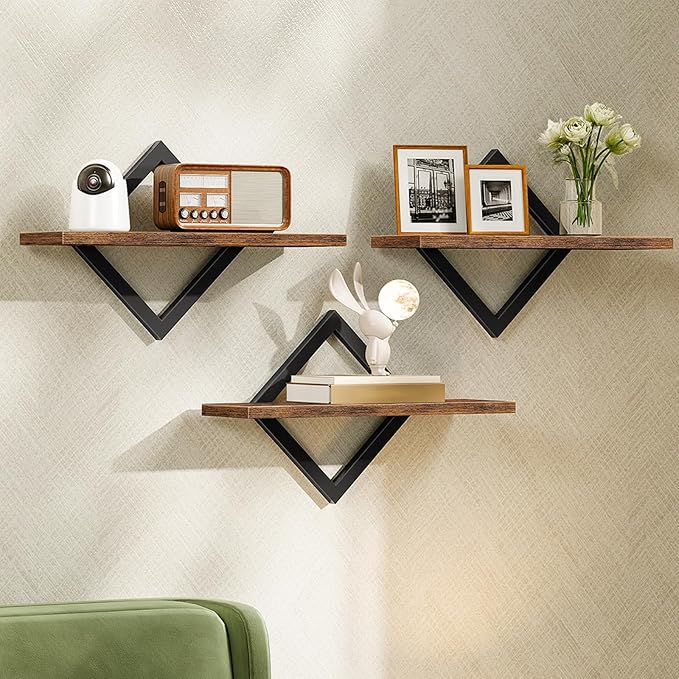 Floating Shelves for Wall, Set of 3 Wall Mounted Storage Shelves for Living Room, Bedroom, Kitchen, Bathroom, Rustic Brown TBJ03P3BF