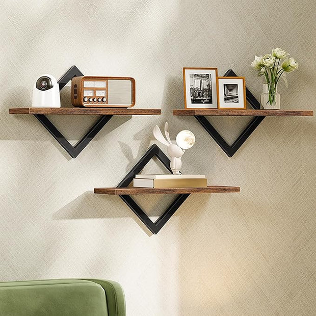 Floating Shelves for Wall, Set of 3 Wall Mounted Storage Shelves for Living Room, Bedroom, Kitchen, Bathroom, Rustic Brown TBJ03P3BF