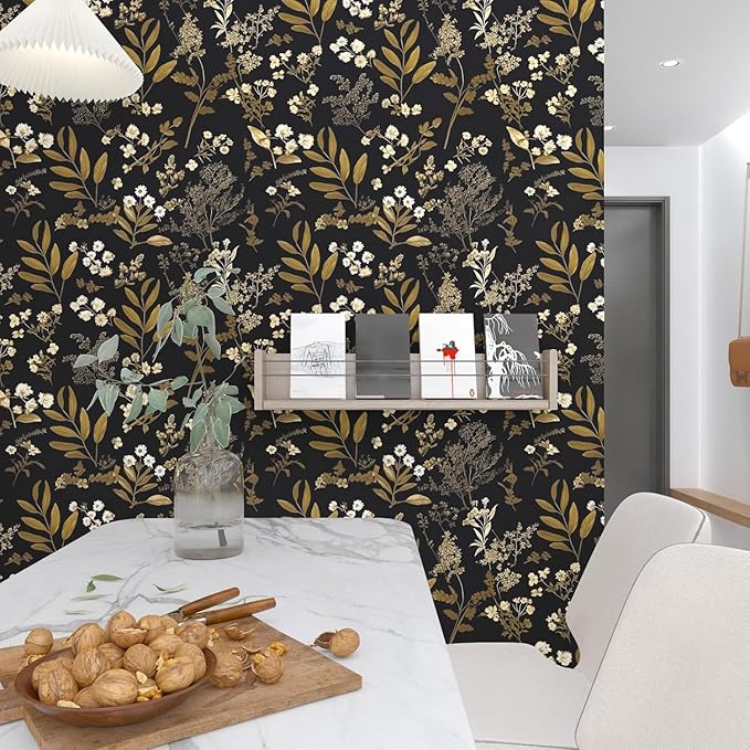 Leaf Wallpaper Peel and Stick Dark Floral Wallpaper 17.5in x 197in Vintage Leaf Contact Paper Vinyl Waterproof Self Adhesive Boho Botanical Wall Paper for Bedroom Cabinet Décor
