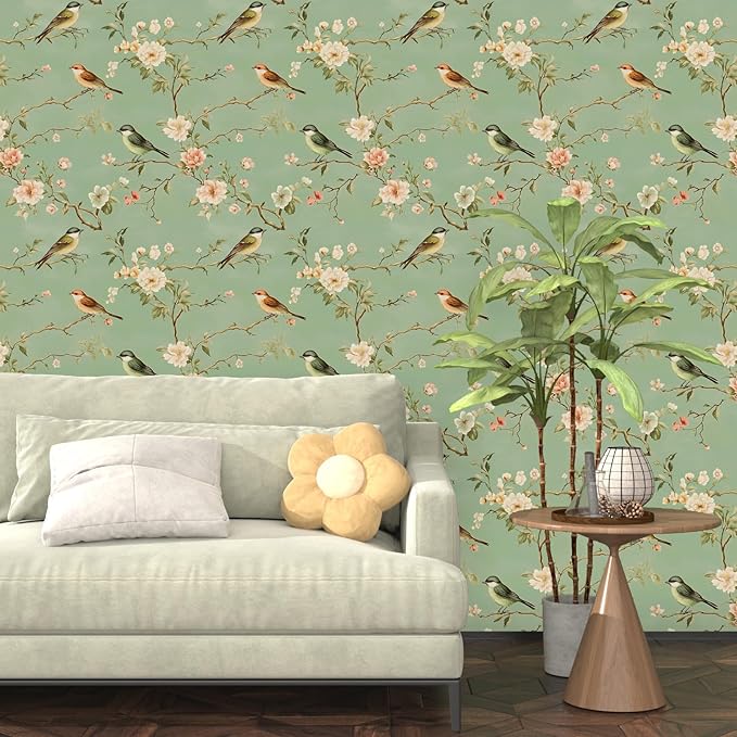 Green Floral Wallpaper Peel and Stick Bird Wallpaper Pink Flower Contact Paper 17.5" × 118" Waterproof Vinyl Self Adhesive Vintage Wall Paper for Bedroom Walls Cabinet Locker Decor