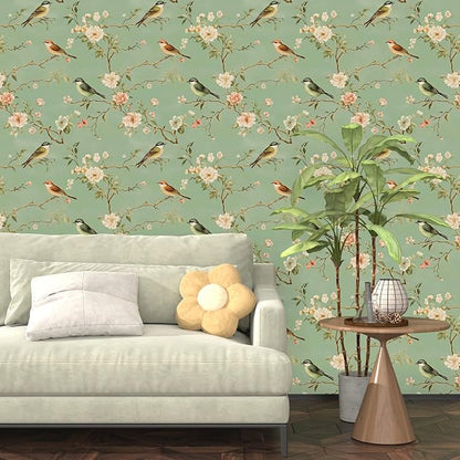Green Floral Wallpaper Peel and Stick Bird Wallpaper Pink Flower Contact Paper 17.5" × 118" Waterproof Vinyl Self Adhesive Vintage Wall Paper for Bedroom Walls Cabinet Locker Decor