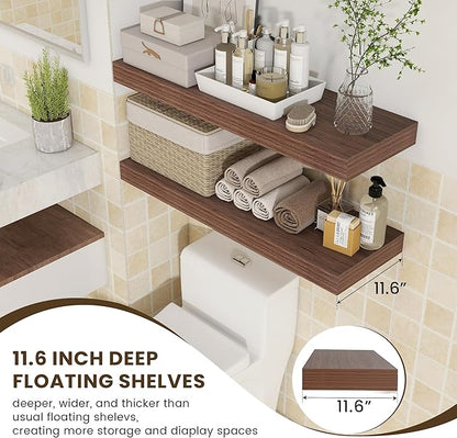 Deep Floating Shelves | 36 Inch Walnut Floating Shelves Set of 2 | 12 Inch Deep Rustic Wood Shelves for Wall | 36" W x 12" D Walnut Shelves for Living Room Bathroom Laundry Room Kitchen
