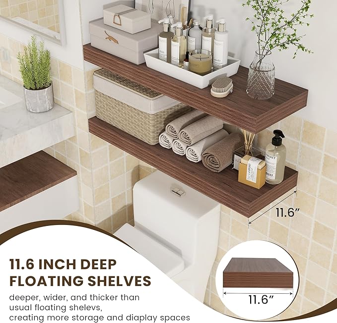 Deep Floating Shelves | 36 Inch Walnut Floating Shelves Set of 2 | 12 Inch Deep Rustic Wood Shelves for Wall | 36