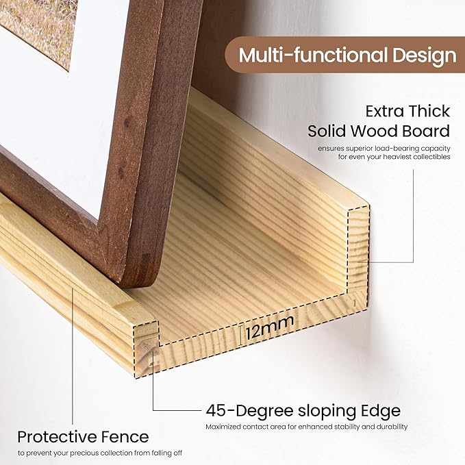 Picture Ledge Shelf, Solid Pine Wood Floating Shelves Set of 2, 24 Inches Nursery Book Shelves for Toys Storage, Kids Bookshelf Wall Mounted for Living Room Decor Photo Frames, Unfinished Natural
