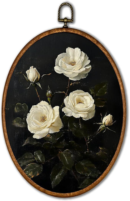 KSDUT Flower Wall Art Decor - Botanical Neutral Mid Century Modern Wall Art Canvas Frame Hanging Prints, Vintage White Floral Oval Wall Art Decor for Home Decorations 8.6"x11.4"