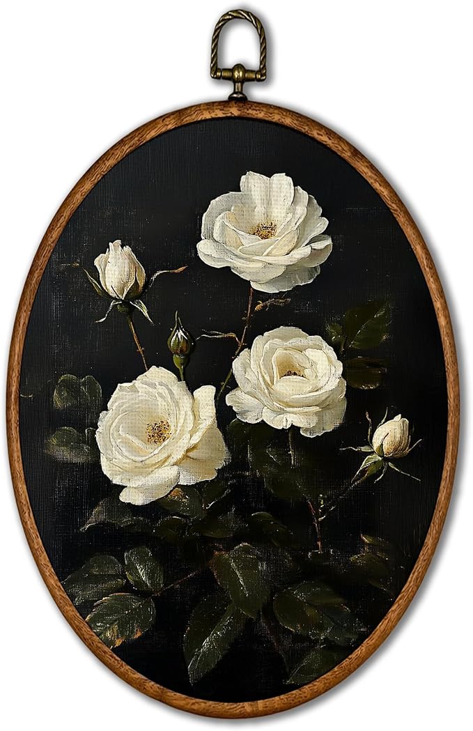 KSDUT Flower Wall Art Decor - Botanical Neutral Mid Century Modern Wall Art Canvas Frame Hanging Prints, Vintage White Floral Oval Wall Art Decor for Home Decorations 8.6"x11.4"