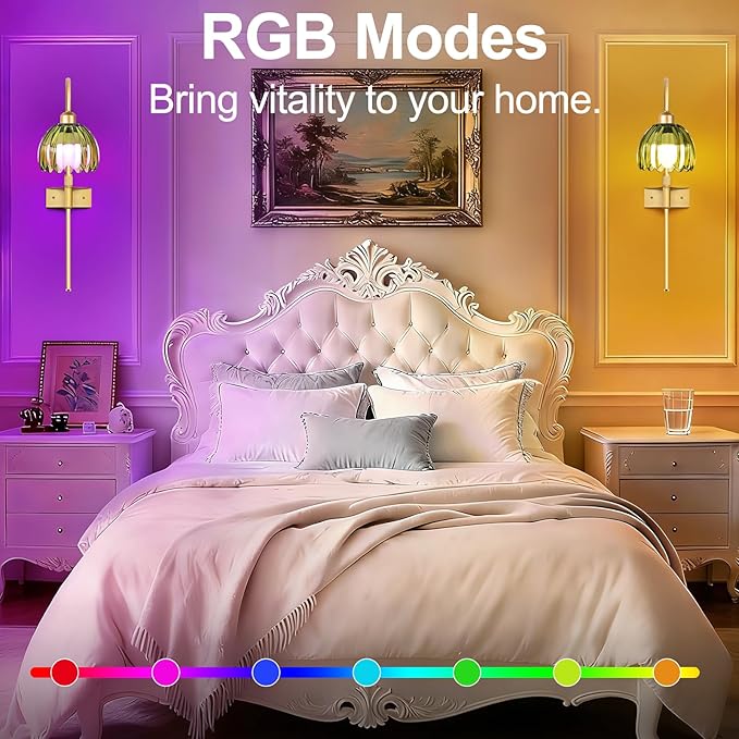 Vintage Battery Operated Wall Sconces Set of 2, Gold Rechargeable Wireless Wall Lamp Lights with Glass Lampshade & Remote,Dimmable 12 Colors Flower Wall Sconce for Bedroom Living Room Hallway