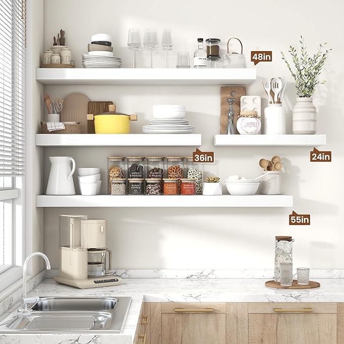 Heimlove Floating Shelves for Wall 48 Inch Long,Extra Large and Thick Wood Shelves Mounted Storage Hanging Shelf Invisible Bracket for Bedroom,Living Room,Kitchen,Office,Set of 2,White
