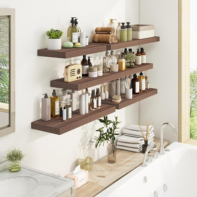 Fun Memories Floating Shelves 32 Inch Long, 9.3Inch Deep Floating Shelves for Wall, Extra Deeper & Thicker Wall Mounted Storage Shelf for Kitchen, Farmhouse, Walnut, 2 Pack