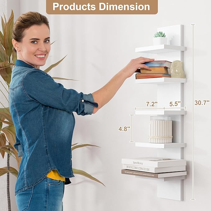 5 Tier Wall Shelf Unit, Decorative Wall Mount Vertical Shelving, Floating Storage Home Decor Organizer Tall Tower Design Utility Shelving Bedroom Living Room, Modern White 2Pack