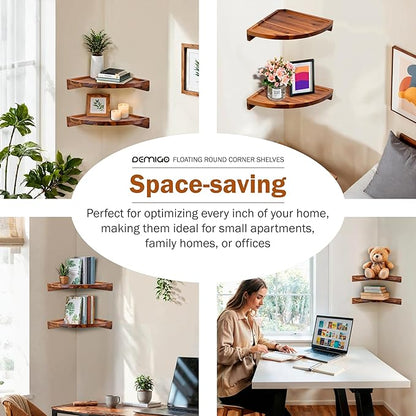 Demigo Floating Round Corner Shelves for Wall 2pcs - Acacia Wood Wall-Mounted Storage Shelves for Home Decor, Space Saving Displays for Living Room, Kitchen, Office, and Bedroom (Natural Brown)
