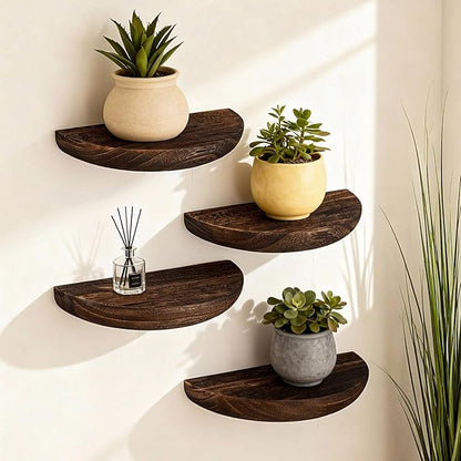 4 Pcs Solid Wood Half Round Floating Wall Shelves, Elegant Floating Wooden Shelves, 8.27 Inch Wall Shelf for Living Room, Bathroom, Bedroom, Offices, Pictures Plant Book (Dark Brown)