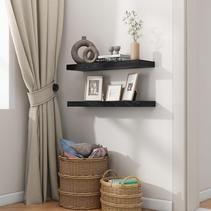 fuqing Black Floating Shelves | 24 Inch Wood Floating Shelves for Wall Set of 2 | 24