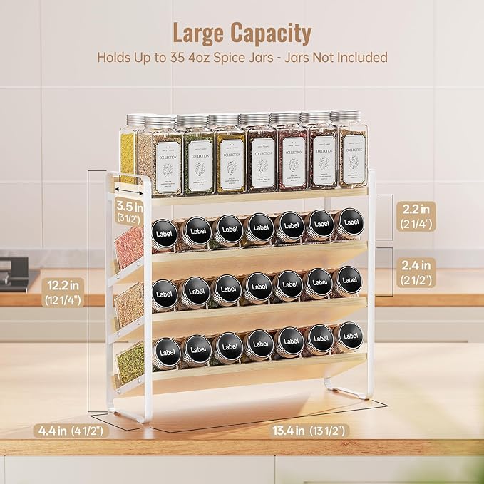 MUDEELA 4 Tier Spice Rack Organizer for Cabinet,Wooden Vertical Spice Shelf, Seasoning Organizer for Countertop, Kitchen, Pantry, Freestanding, 13.4