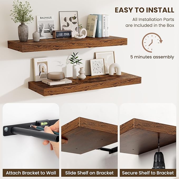 Fun Memories 72 Inch Fireplace Mantel Shelf, 12 Inch Deep Shelves for Display & Wall Storage, Rustic Wood Wall Shelf, Extra Long Floating Shelves for Living Room Laundry Room, Rustic Brown, Set of 1