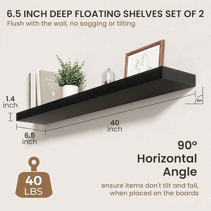 40 Inch Floating Shelves | 6.5 Inch Deep Black Floating Shelves Set of 2 | 40