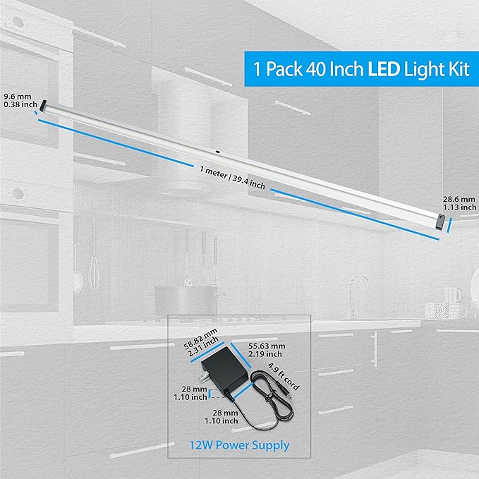 EShine Hand Wave Activated Under Cabinet LED Lighting Kit, Dimmable, 1-Pack 40 in - Touchless Dimming Control, Black Under Counter Lights for Kitchen, Garage, Office, Shelf - Warm White (3000K)