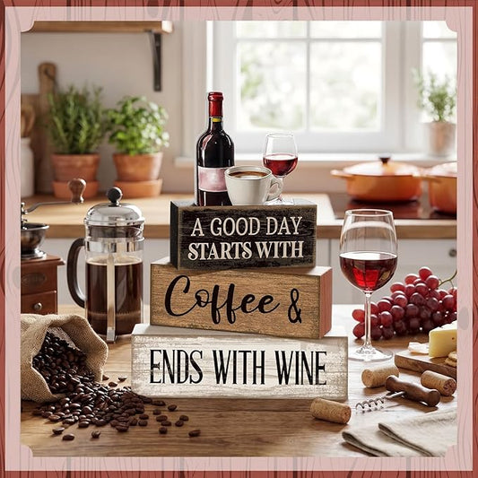 4 Pcs Farmhouse Table Decor Wooden Stacked Block Sign with Wine Bottle, Coffee Cup & Glass Sculpture a Good Day Starts with Coffee Ends with Wine Sign for Home & Bar Housewarming Gift