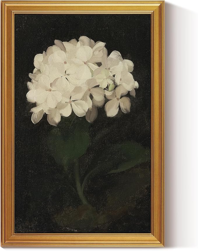 HUARCEY Gold Framed Vintage Wall Art for Living Room, Flowers Painting Canvas Print Shelf Decor for Kitchen, Aesthetic Bedroom Wall Art, Christmas Gifts for Friends or Family (White Hydrangea 24