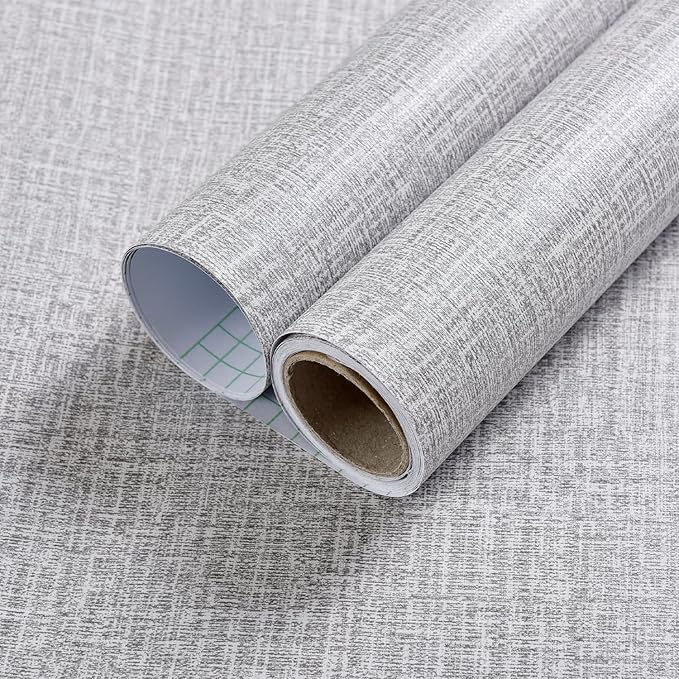 Yancorp 24" Wide Textured Fabric Wallpaper - Faux Grasscloth Grey Peel & Stick Self-Adhesive Removable Wallpaper & Counter Top Liners