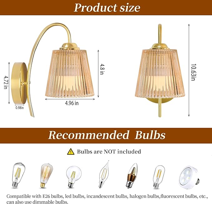 Vintage Battery Wall Sconce with Flower lampshade,Rechargeable Battery Powered Wall Lights,Wall lamp with 15 Colors for Bedroom Living Room Home Decor (Amber Stripe, 2 Light Battery Operated)