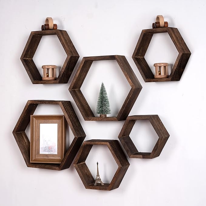 WONFUlity Hexagon Floating Shelves Honeycomb Shelves Wall Mounted Wood Farmhouse Storage Wall Shelf for Bathroom, Kitchen, Bedroom, Living Room,Driftwood Finish Decor,Dark Brwon