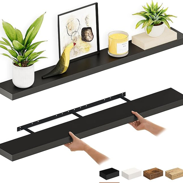 Ballucci Floating Shelves for Wall, 55 inch 2-Tier Black Shelf, Invisible Brackets, Wood Wall Shelf for Living Room, Bedroom, Kitchen Organizer, Clearing Clutter