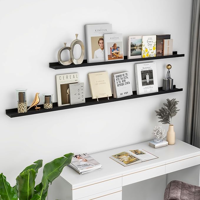 Picture Ledge Shelf for Wall, 24 inch Solid Pine Wood Nursery Book Shelves 2 Packs, Floating Ledge Shelves for Kids' Room Bedroom Bathroom Living Room Photo Frames Office Nursey Wall Decor, Black