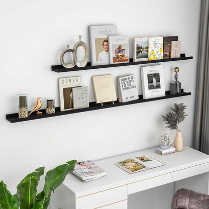 Picture Ledge Shelf for Wall, 24 inch Solid Ash Wood Nursery Book Shelves 2 Packs, Floating Shelves for Kids' Room Bedroom Bathroom Living Room Photo Frames Office Nursey Wall Decor, Black