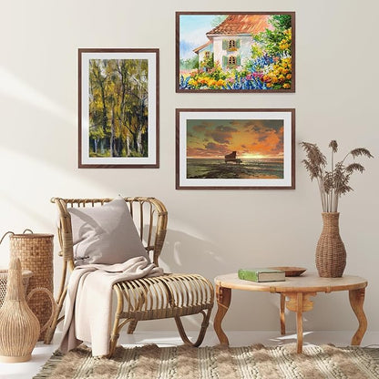 puthiac 8x10 Solid Oak Wood Picture Frame, Fits 6x8 with Mat or 8x10 Without Mat, Wall or Tabletop Display with Stand, Vertical or Horizontal, Plexi Front, 3 Pack, Walnut