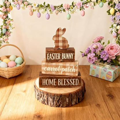 Easter Decorations - Easter Bunny Tiered Tray Decor Set - Wooden Carrot Patch Tabletop Decoration - Rustic Farmhouse Spring Home Decor Indoor for Tiered Tray Shelf Mantel Coffee Table Gift - Spring Home Decor for Living Room, Kitchen Counter