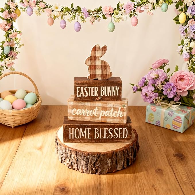 Easter Decorations - Easter Bunny Tiered Tray Decor Set - Wooden Carrot Patch Tabletop Decoration - Rustic Farmhouse Spring Home Decor Indoor for Tiered Tray Shelf Mantel Coffee Table Gift - Spring Home Decor for Living Room, Kitchen Counter