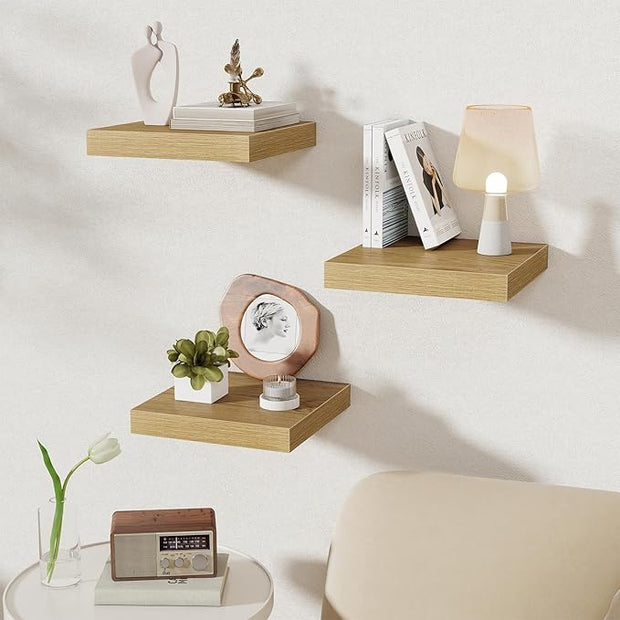 Fun Memories 12 Inch Square Floating Shelves 3 Pack - Wall Shelves with Invisible Brackets, Small Floating Shelves for Wall, Oak Wood Shelves for Bathroom, Living Room, Bedroom, and Kitchen Decor