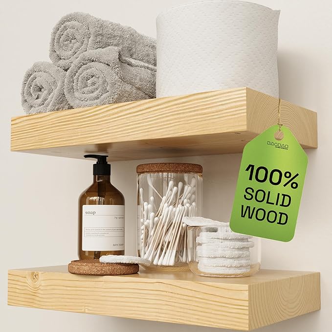 BAOBAB WORKSHOP Solid Wood Floating Shelves for Wall 12 Inch Wide, Small Wooden Shelf Bathroom, Light Oak Floating Shelves for Room Wall Mounted Kitchen Farmhouse, Natural Wood, 12W × 6.7D, Set of 2