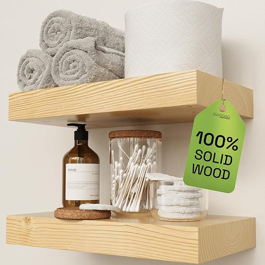 BAOBAB WORKSHOP Solid Wood Floating Shelves for Wall 12 Inch Wide, Small Wooden Shelf Bathroom, Light Oak Floating Shelves for Room Wall Mounted Kitchen Farmhouse, Natural Wood, 12W × 6.7D, Set of 2