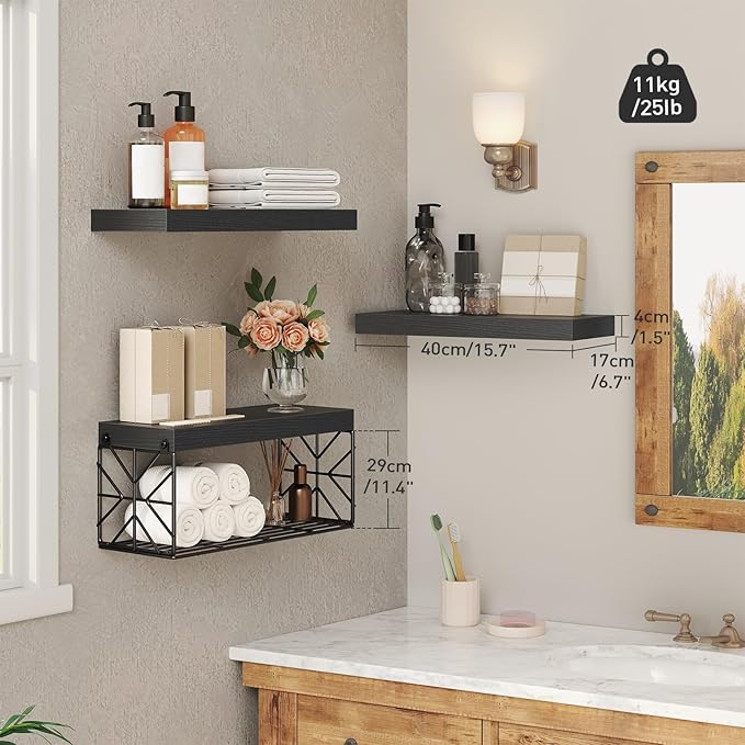 Bathroom Shelves Over Toilet Set of 3, Floating Shelves for Wall Toilet Paper Storage, 1.5