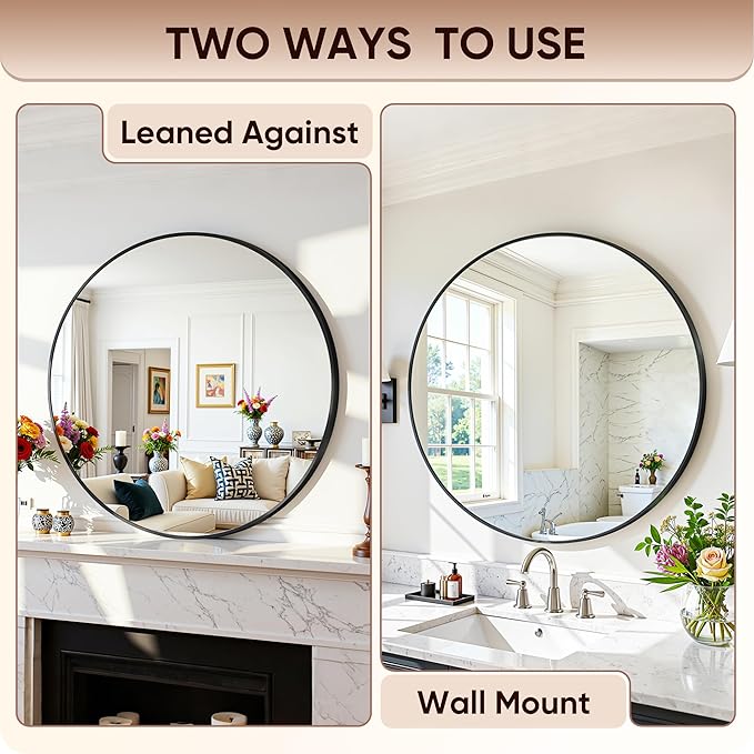Antok Wall Mirror, 20"x20" Bathroom Vanity Mirror, Anti-Rust HD Tempered Glass, Wall Mounted Mirrors for Living Room, Entryway, Black Frame, Round