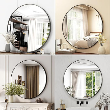 42 Inch Round Bathroom Mirror - Black Wall Mounted Circle Mirror with Metal Frame, Modern Round Hanging Mirror Suitable for Bathroom, Vanity, Entryway, Living Room
